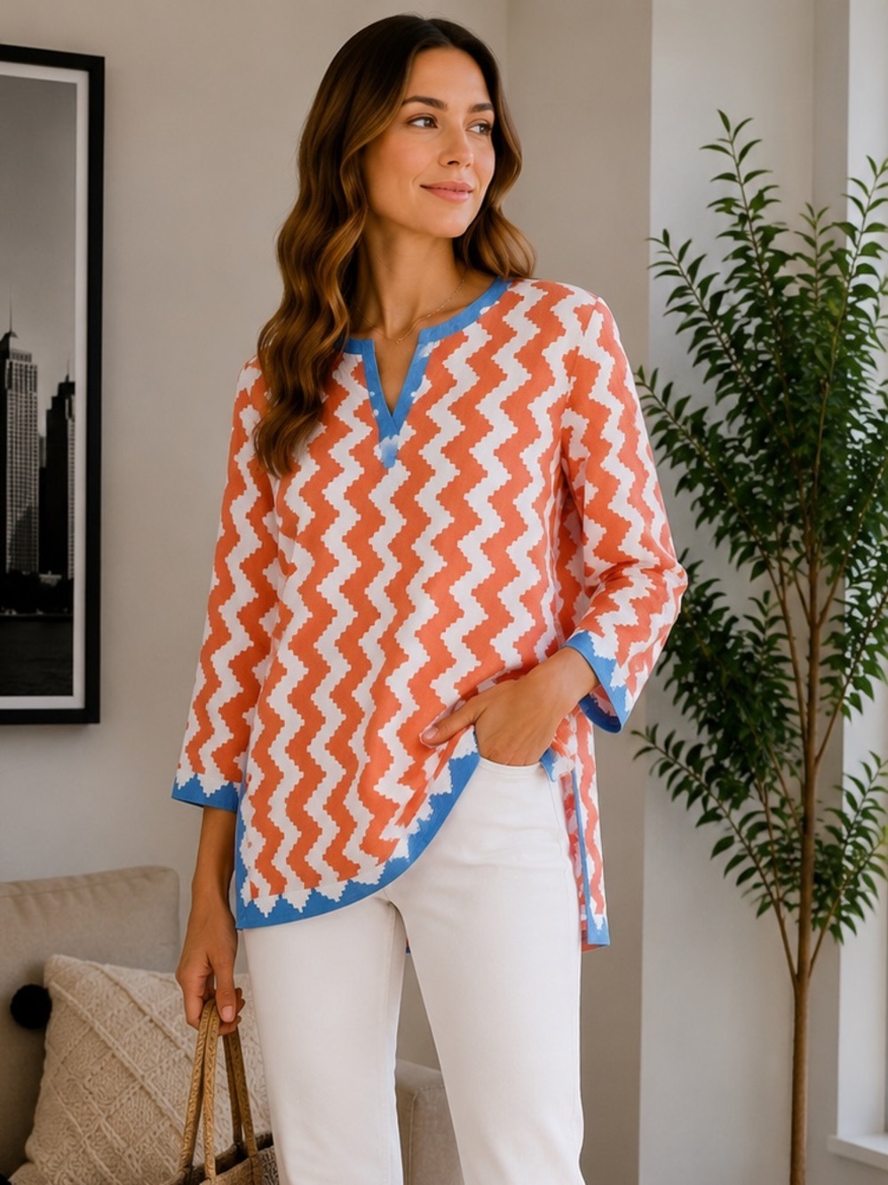 Gretchen Scott Orange Blue Chevron Zig Zag Tunic Beach Coverup Dress size Small